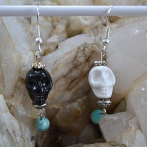 B&W Skull Earrings with Turquoise Bead